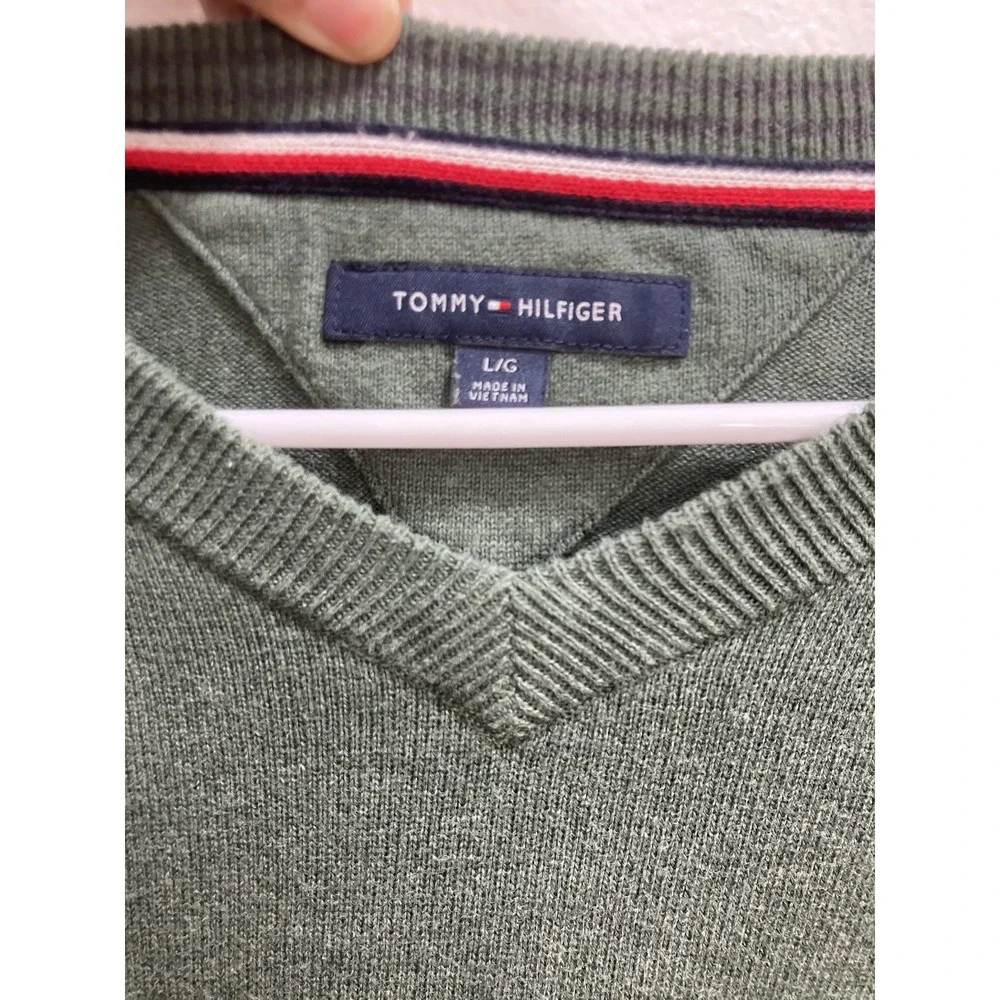 Tommy‎ Hilfiger Sweater Mens L Green Cotton V Neck Knit Long Sleeve Pullover